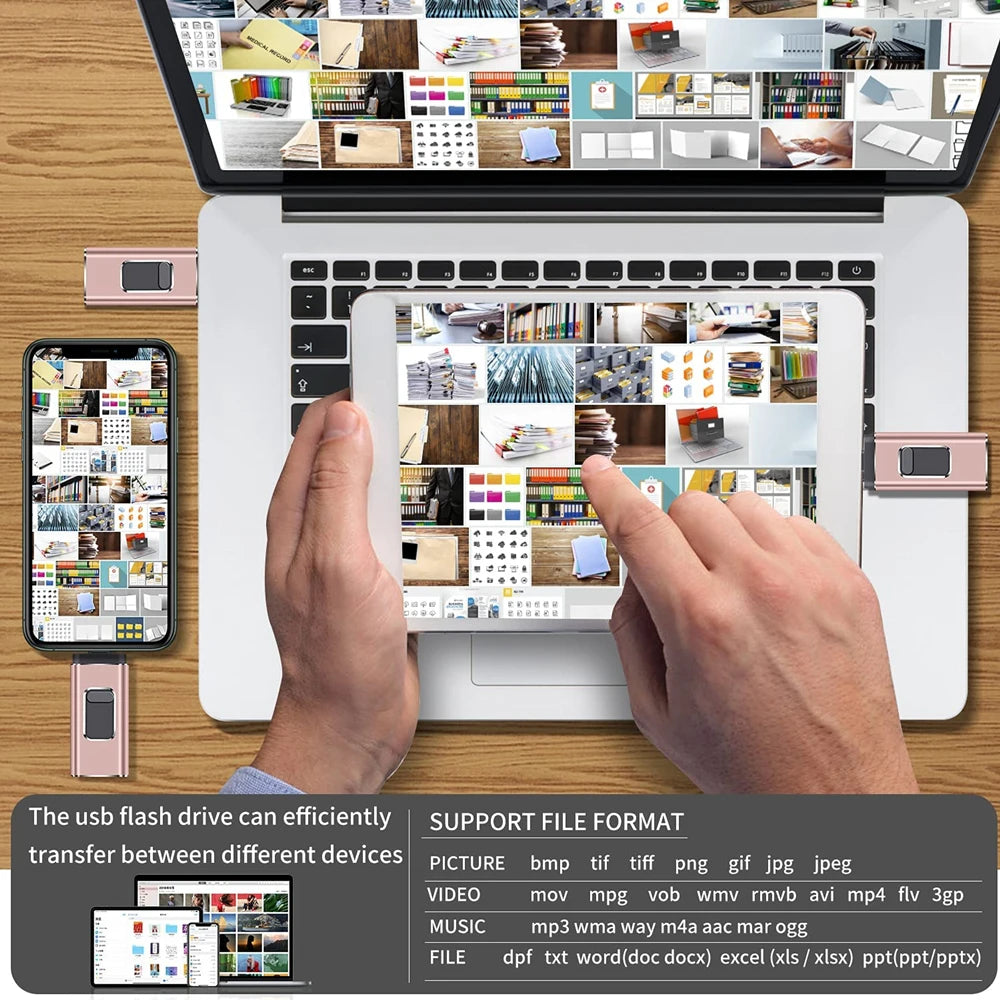 A hand is shown inserting a USB flash drive into a laptop and an iPad, demonstrating efficient data transfer between devices.