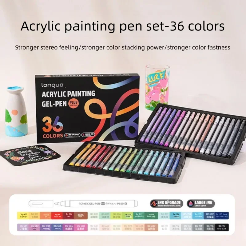 A set of 36 acrylic painting pens in various colors displayed on a white background.