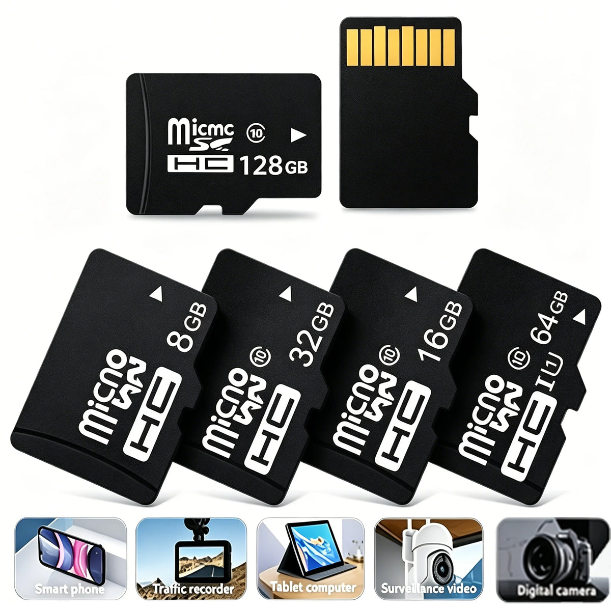 A set of high-speed microSD memory cards in various sizes and formats for smartphones, tablets, and cameras.