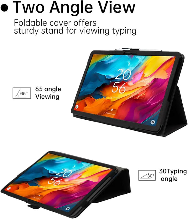 A foldable tablet cover demonstrating a 65-degree and 30-degree angle view for typing.