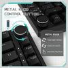 Close-up view of a black mechanical keyboard showing the metal knob control button and various function keys.