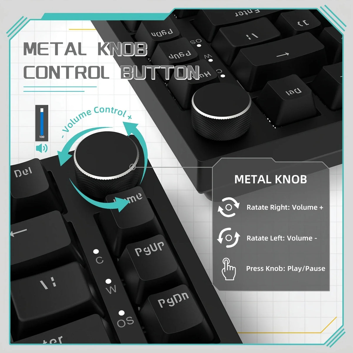 Close-up view of a black mechanical keyboard showing the metal knob control button and various function keys.