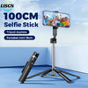 A 100cm selfie stick with a smartphone attached is shown on a tripod, set against a light blue background.