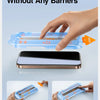 A hand is shown applying a privacy screen protector to a smartphone, demonstrating the quick dust removal feature.
