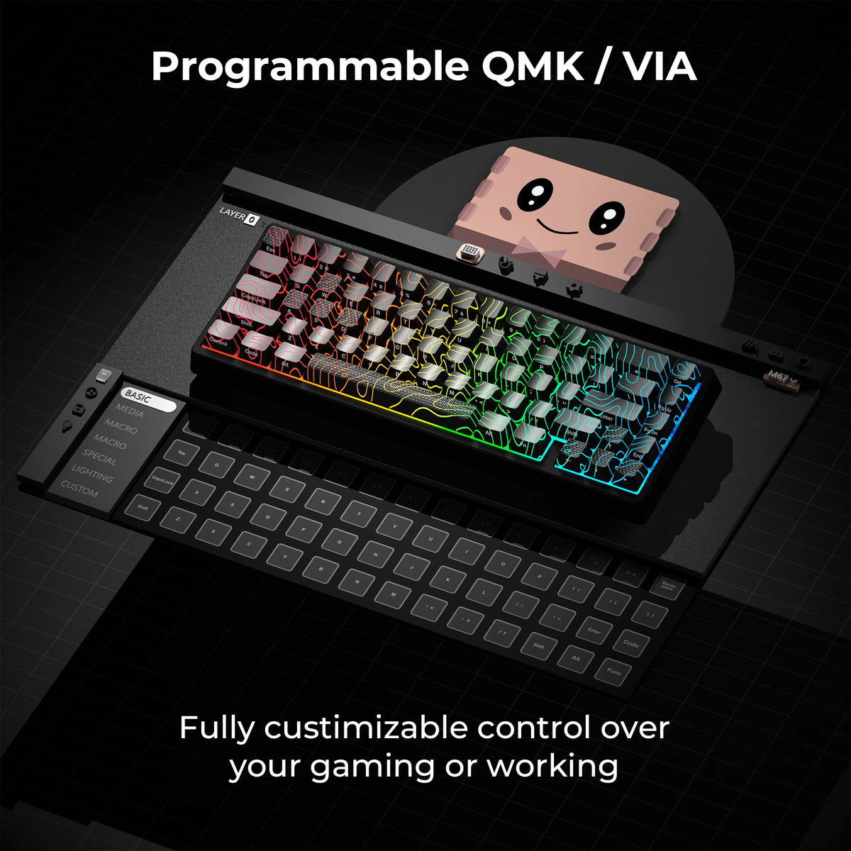 A black mechanical keyboard with customizable RGB lighting and a pink charm resting on it.