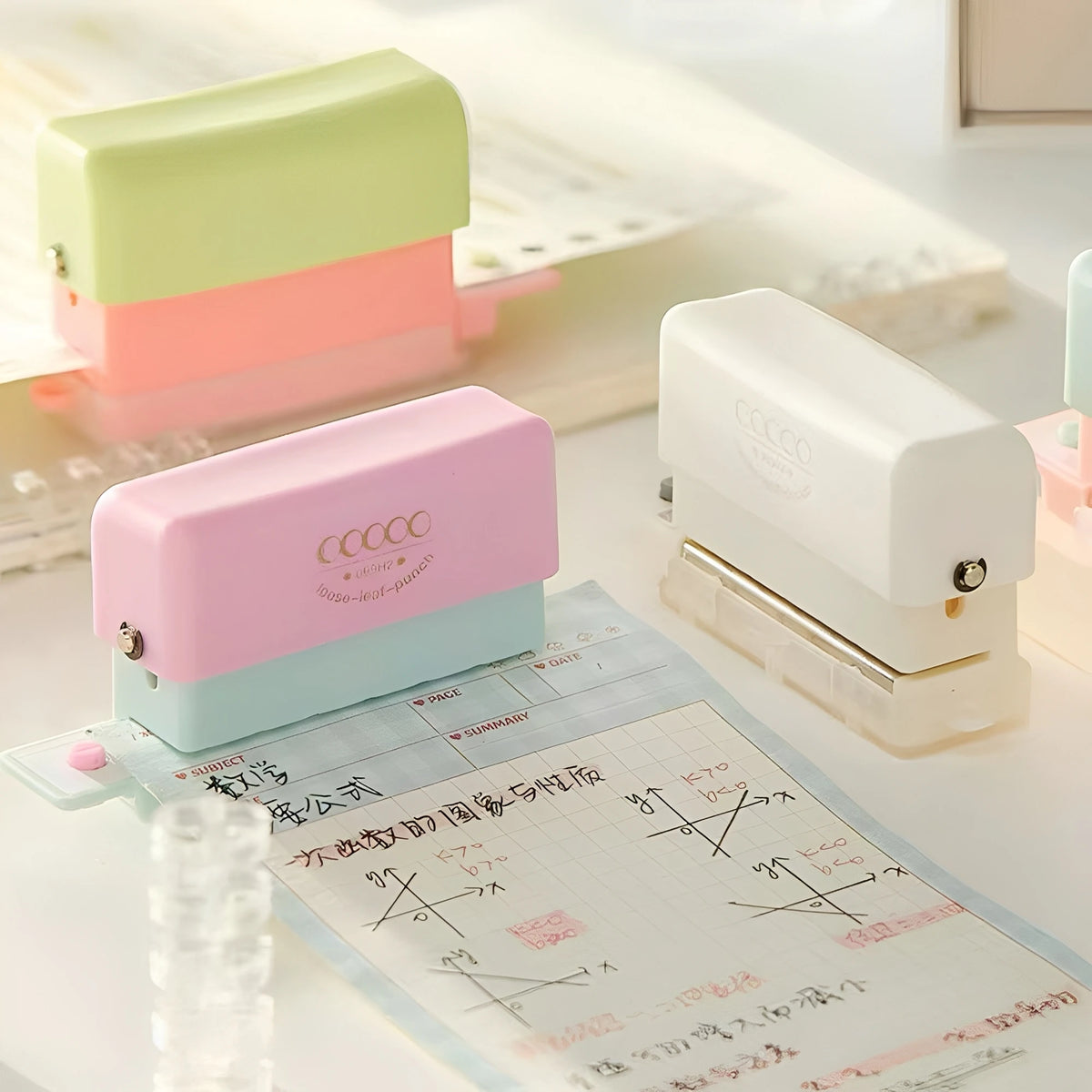 A pink mini multi-hole punch tool is shown next to a sheet of paper with punched holes.