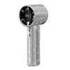 A silver mini portable LED turbine fan with a round control panel.