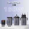 A display showing three 150W dual port fast wall chargers with their dimensions.