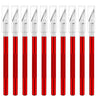 A set of ten colorful precision craft knives with silver blades and red handles.