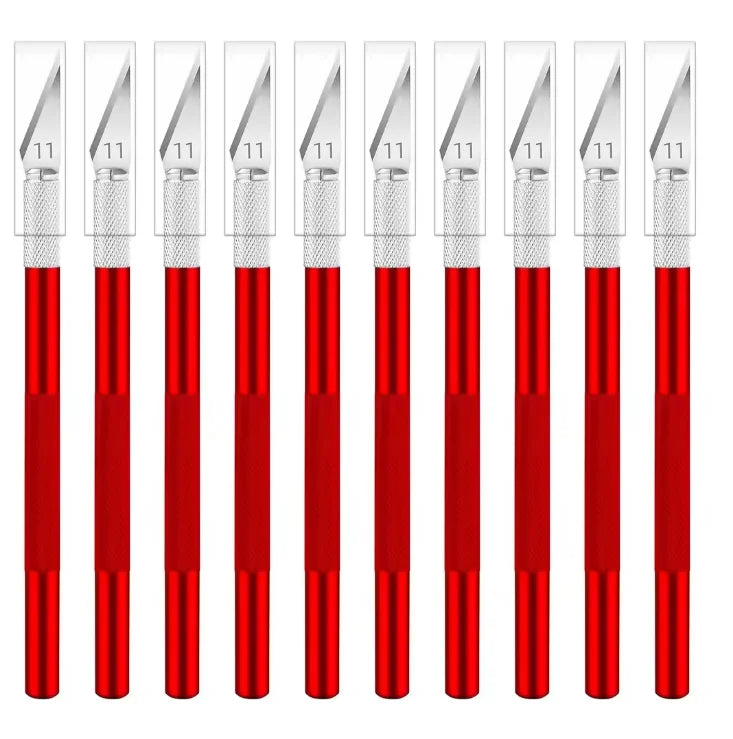 A set of ten colorful precision craft knives with silver blades and red handles.