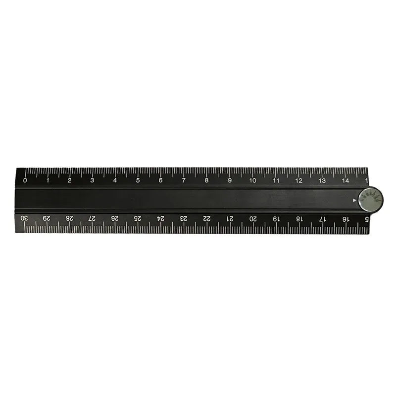 A close-up view of a black aluminum folding ruler marked in centimeters.
