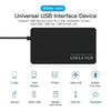 Black universal USB 3.0 hub device with various ports for peripherals like disk drives, keyboard, and mouse.