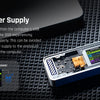 A blue 15W auxiliary power supply unit connected to an NVMe SSD enclosure with an LCD display.