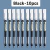 A set of ten black gel pens packaged together.