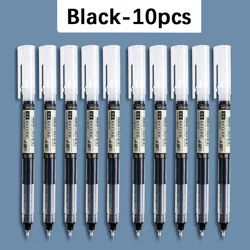 A set of ten black gel pens packaged together.