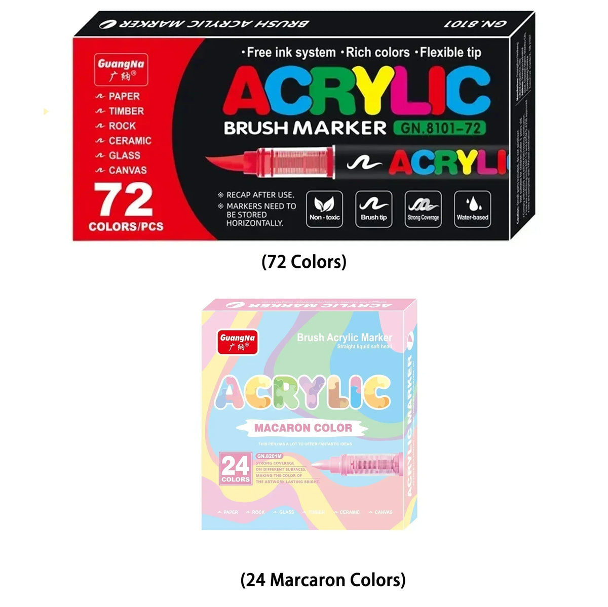 Box of acrylic brush markers featuring 72 colors and a set of 24 mararon colors