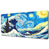 A vibrant painting depicting a stormy sea and mountains under a bright, starry night sky.