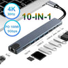 A gray 10-in-1 multi-port USB-C docking hub with various ports including USB 3.0, HDMI, and SD/TF cards.