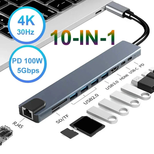 محول توصيل متعدد المنافذ USB-C رمادي، يحتوي على منافذ USB 3.0 و HDMI وبطاقات SD/TF.