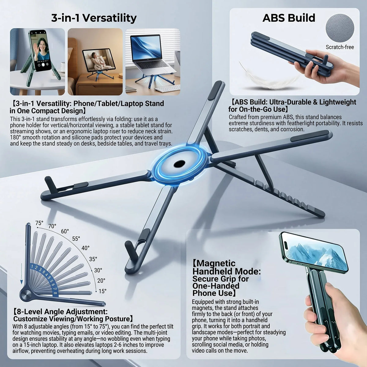 A foldable magnetic laptop stand shown in various angles and usage contexts.