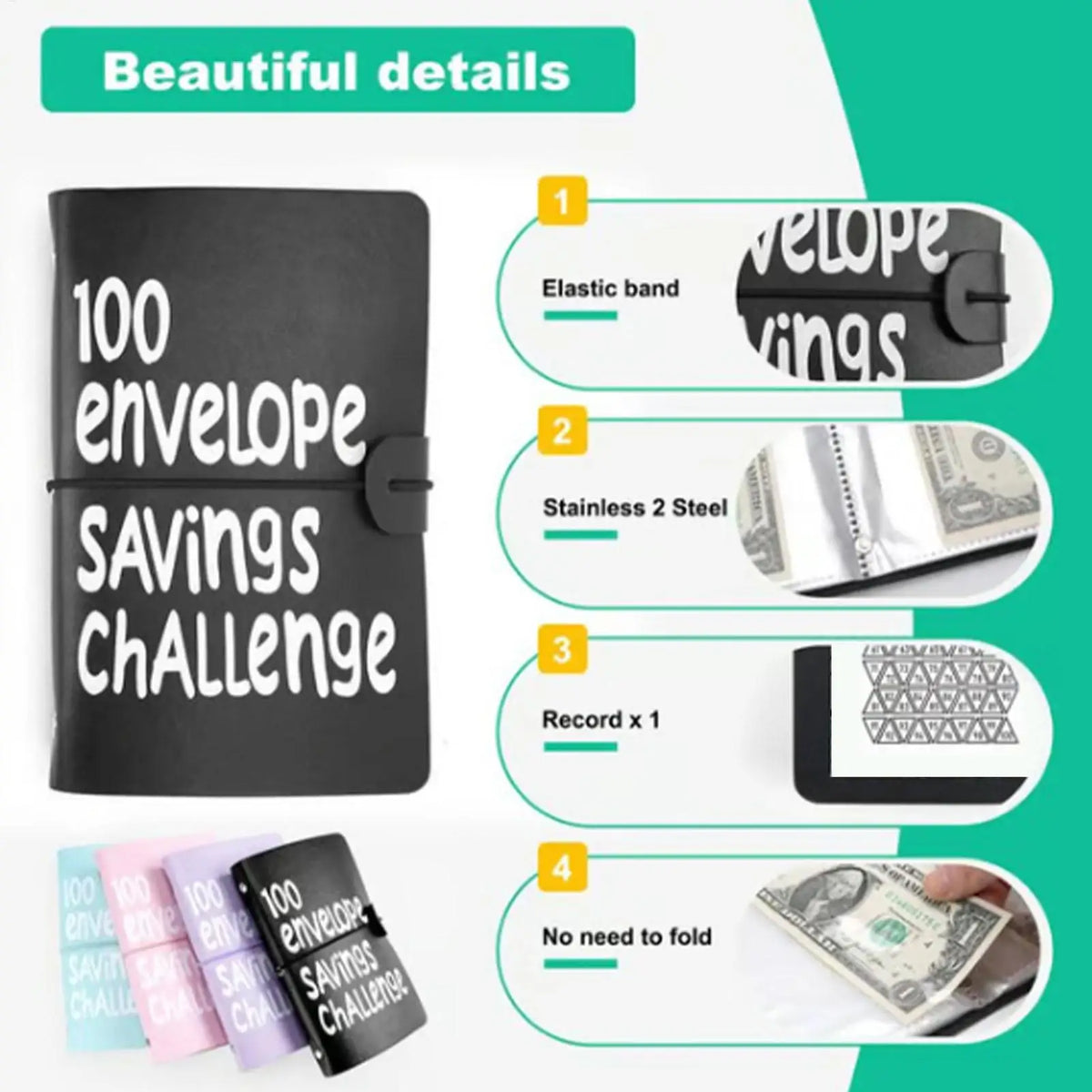 A black budget binder for a 100-day savings challenge showing various features like an elastic band and record slots.