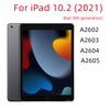 A black iPad 10.2 (9th generation) tablet displaying various model numbers A2602 through A2605.