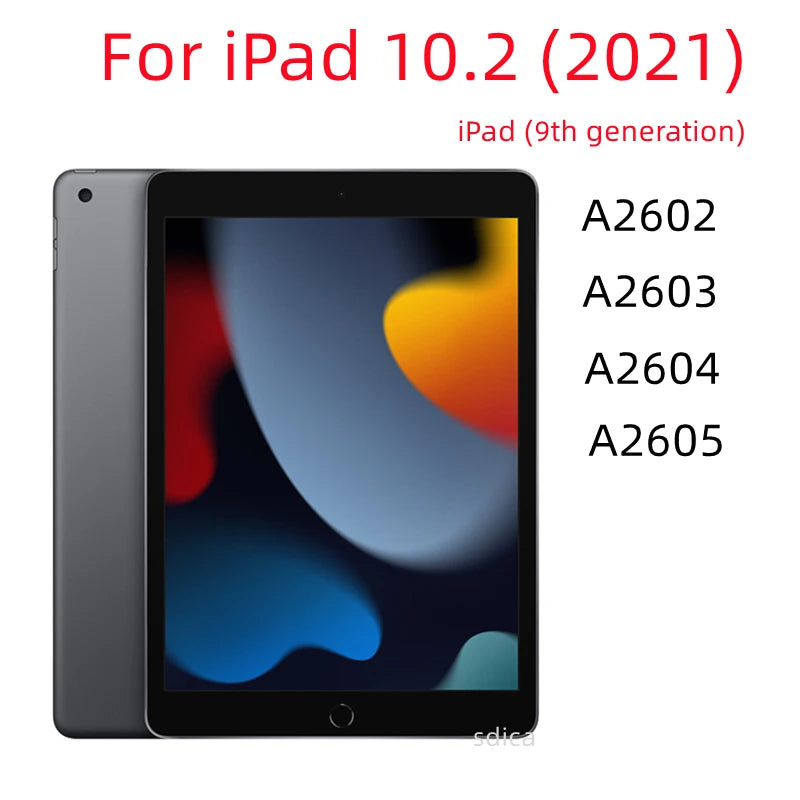 A black iPad 10.2 (9th generation) tablet displaying various model numbers A2602 through A2605.