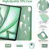 A green TPU case for an iPad, showing features like honeycomb grid, shock absorption, and various ports.