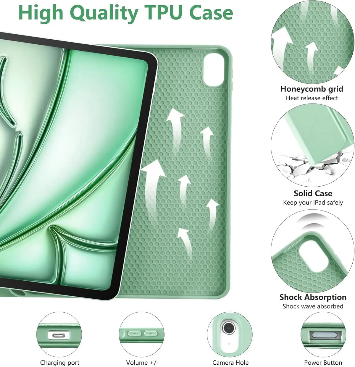 A green TPU case for an iPad, showing features like honeycomb grid, shock absorption, and various ports.