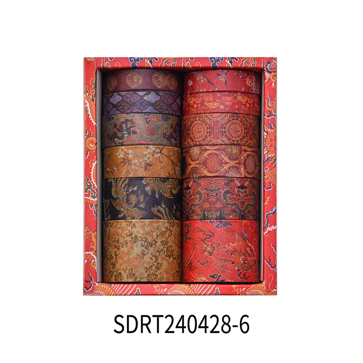 A set of vintage floral patterned washi tape rolls in a red box.