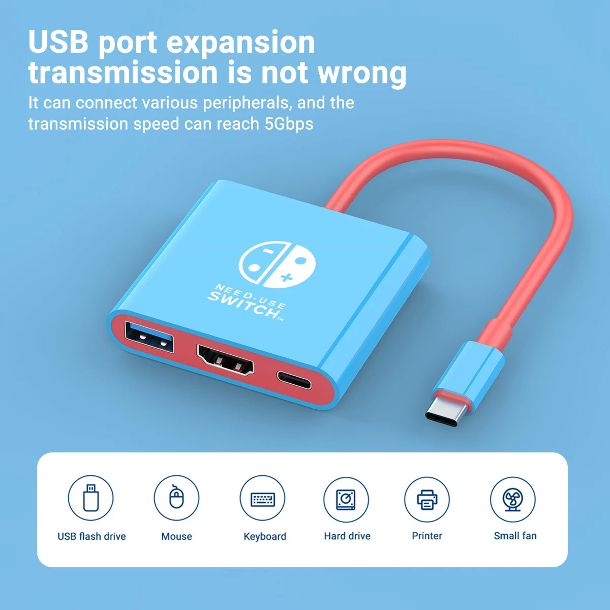 A blue USB port expansion switch with a red cable, demonstrating various peripheral connections.