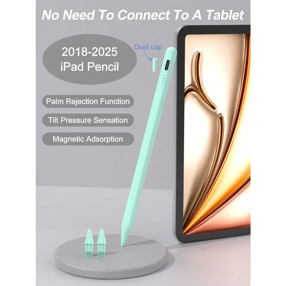 A light green precision stylus pen for iPad featuring a dust cap and magnetic adsorption function.