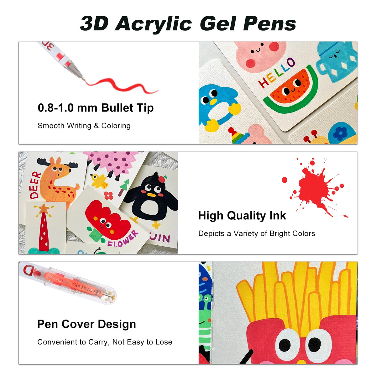 Un set de 3 bolígrafos de gel acrílico con punta de 0.8-1.0 mm y diversos diseños coloridos para escribir y decorar.