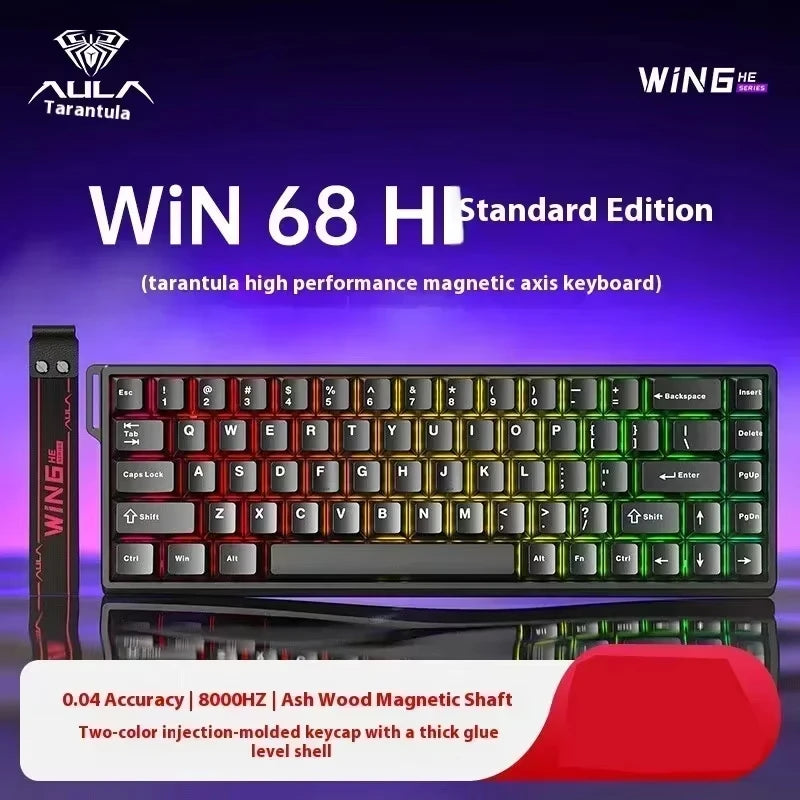 A close-up view of the WIN 68 HP Standard Edition magnetic axis keyboard featuring black and green keycaps.