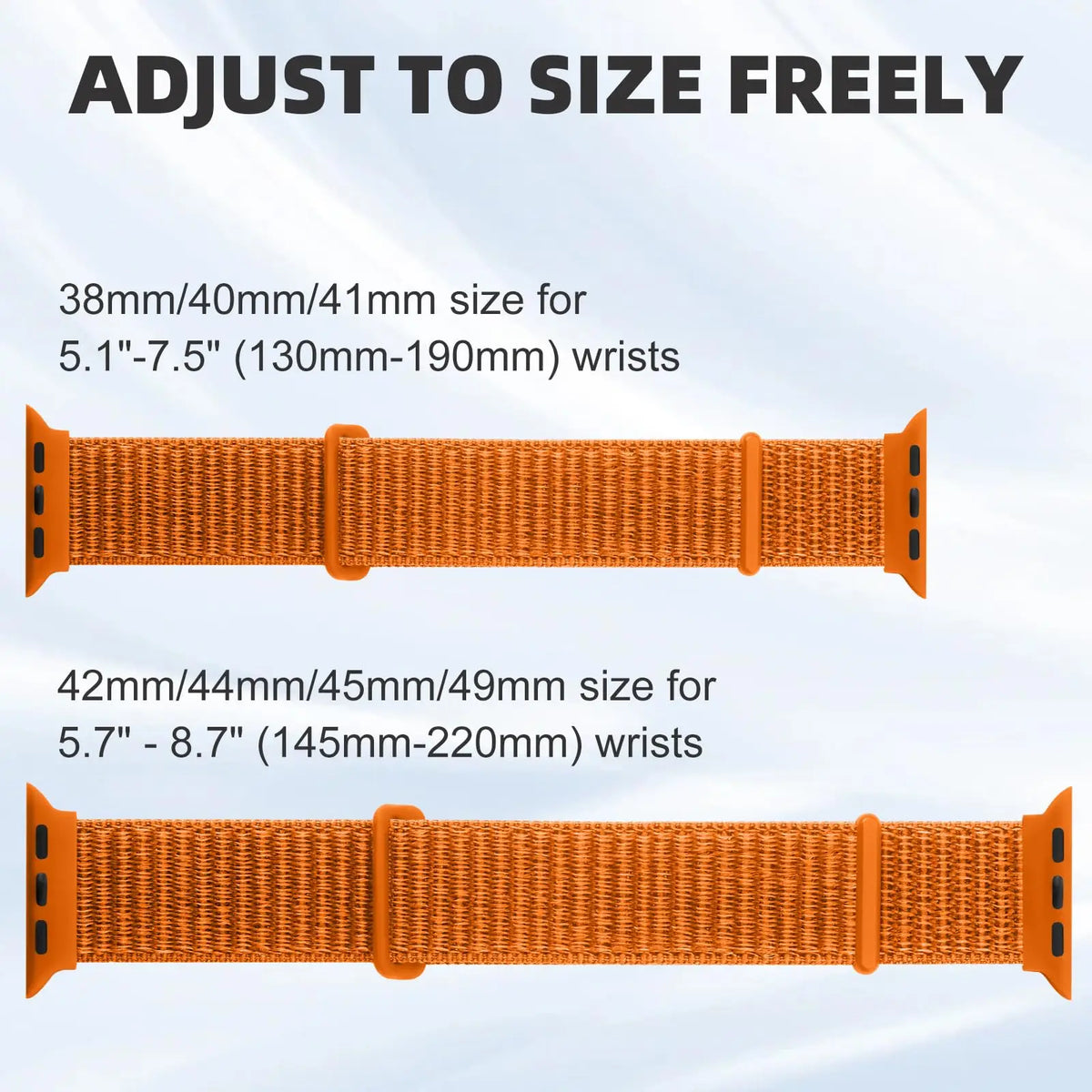 Orange sport hook and loop watch straps available in various sizes for wrists.