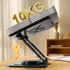 A black adjustable dual rod tablet and phone stand with a 10KG weight plate displayed on a wooden table.