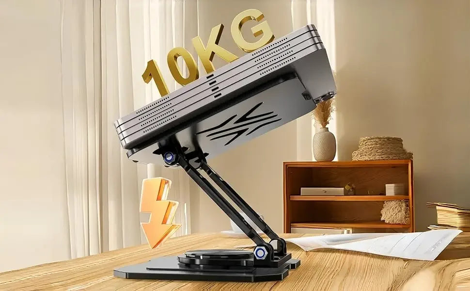 A black adjustable dual rod tablet and phone stand with a 10KG weight plate displayed on a wooden table.