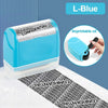 A blue reusable confidential roller stamp is shown next to a printed document, demonstrating its use for security.