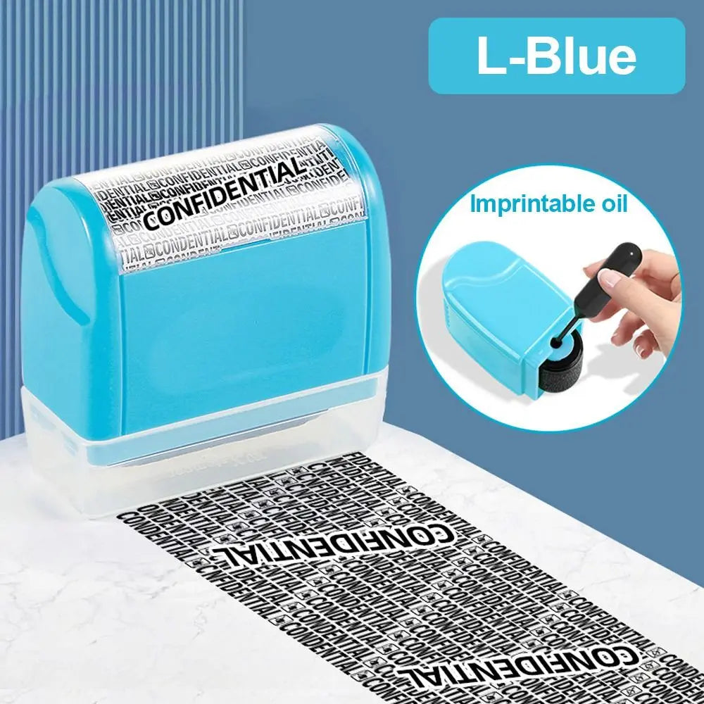 A blue reusable confidential roller stamp is shown next to a printed document, demonstrating its use for security.