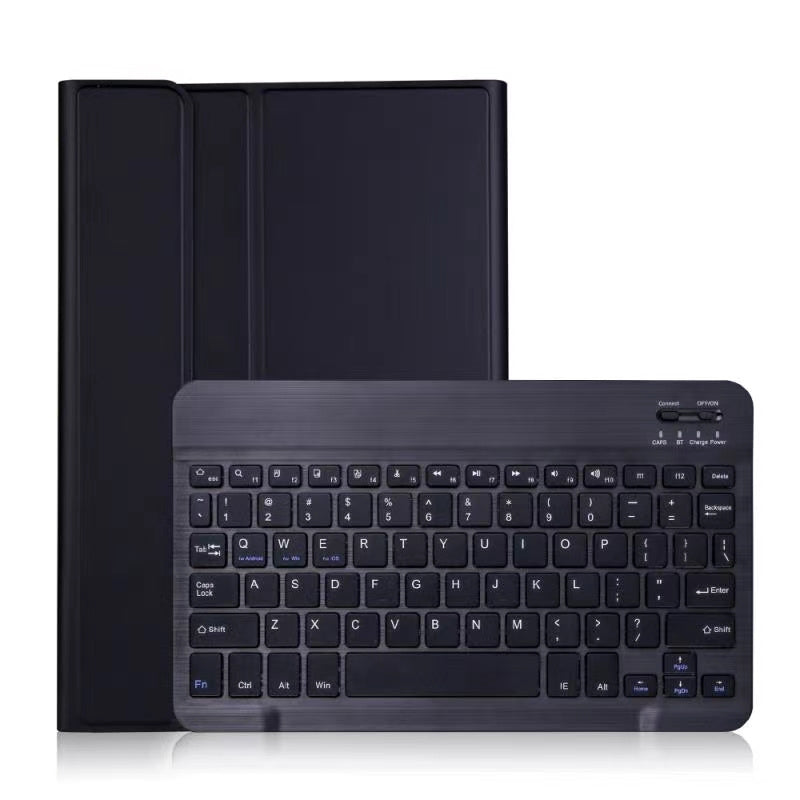 A black leather keyboard case with a detachable Bluetooth keyboard shown in a side profile.