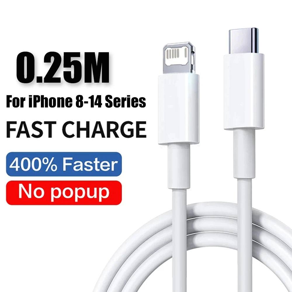 White fast charging cable for iPhone 8-14 series devices featuring a no popup design.