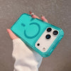 A hand holds a teal glitter shockproof magnetic case with a clear back and multiple camera lenses for an iPhone.