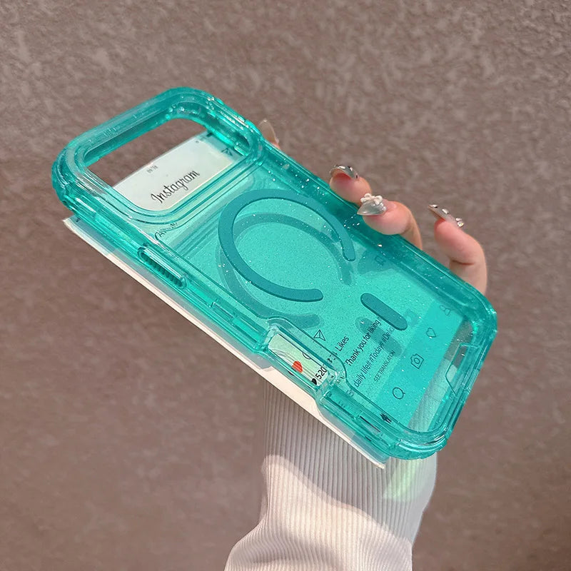 A hand holds a teal magnetic case with a glitter finish, designed for an iPhone.