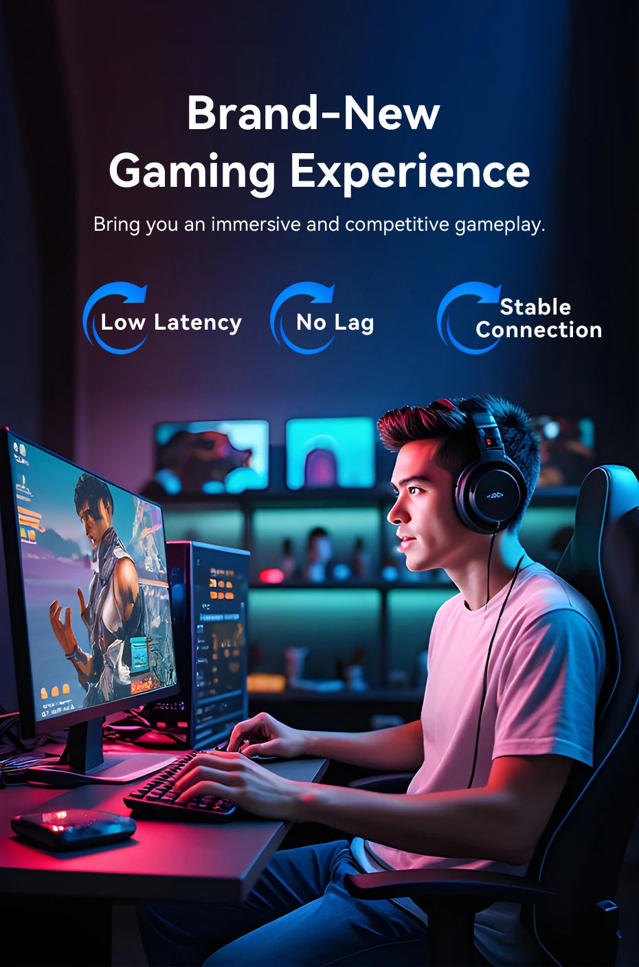 Junger Mann spielt ein Videospiel auf einem Computer mit Kopfhörern, demonstriert ein neues Gaming-Erlebnis.
