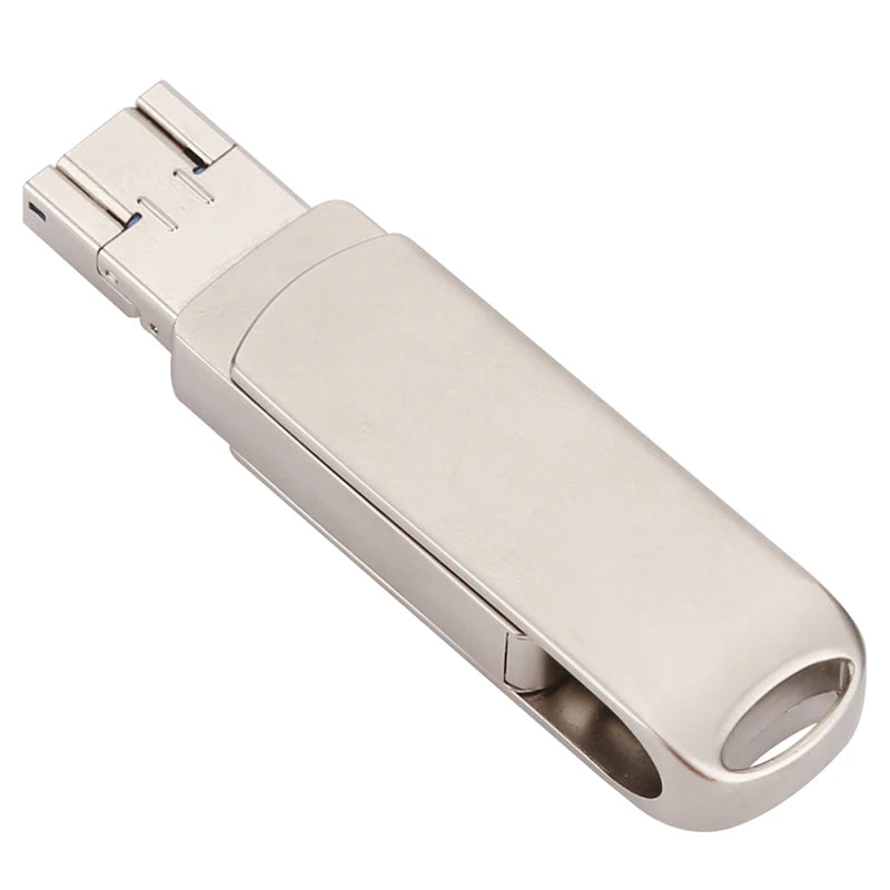 Silver metal USB flash drive with rotating mechanism and Lightning and Type-C connectors