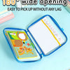 A blue transparent mesh file bag is shown open, demonstrating an 180 degree wide opening for easy access to contents.
