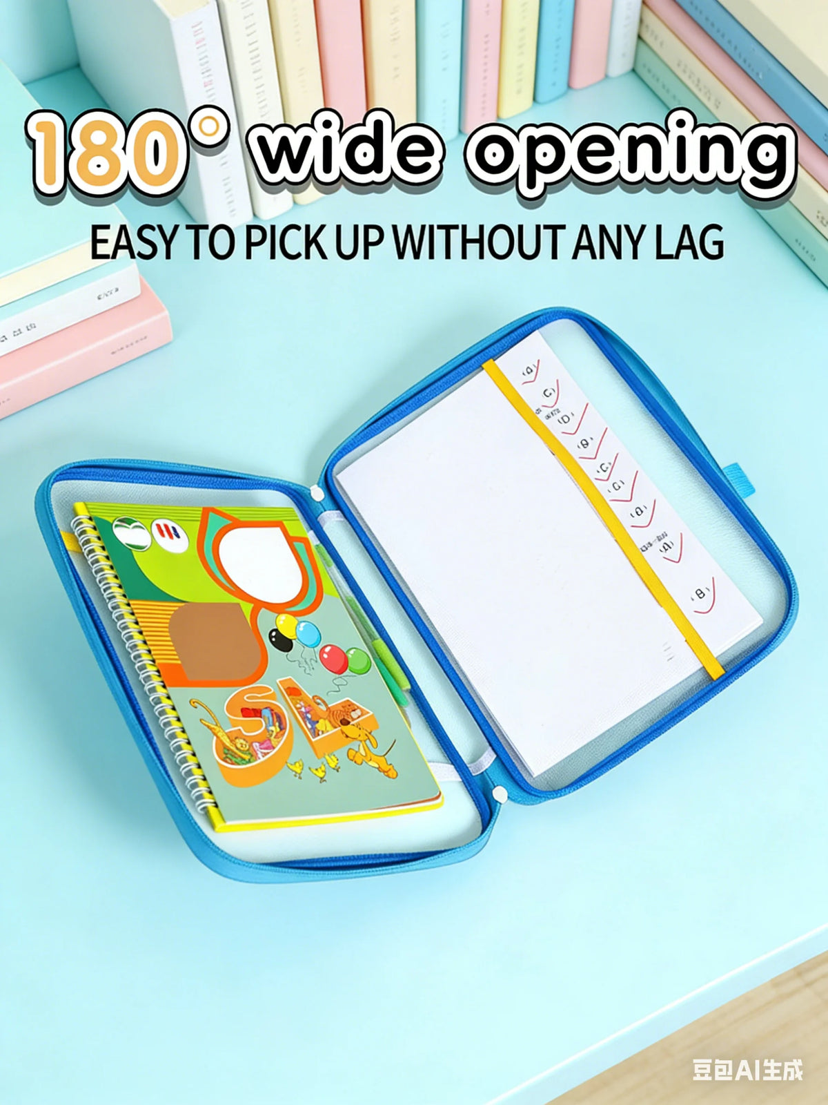 A blue transparent mesh file bag is shown open, demonstrating an 180 degree wide opening for easy access to contents.