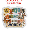 A white acrylic hair bow set featuring text that reads Worship Through The Worry with floral and butterfly designs.