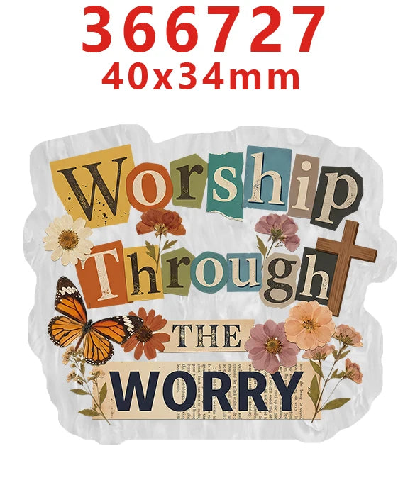 A white acrylic hair bow set featuring text that reads Worship Through The Worry with floral and butterfly designs.