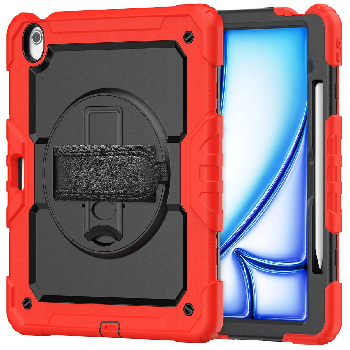 A red heavy duty shockproof iPad case with a black screen protector visible inside the open cover.